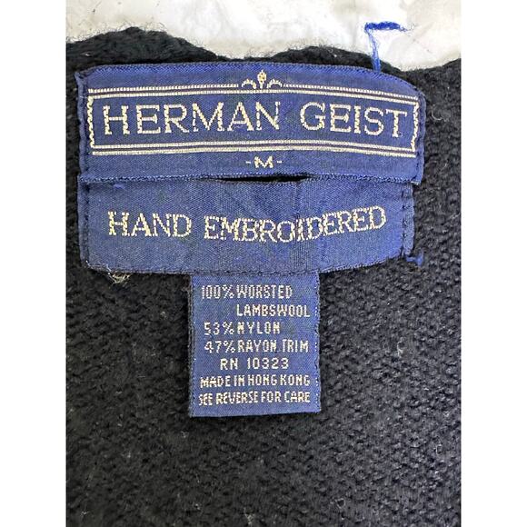 Herman Geist Embroidered Black Lambswool Cardigan Sweater Floral Accents-Medium - Picture 6 of 8
